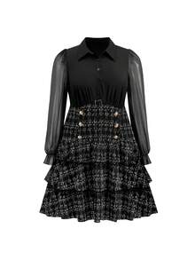 Comfylo Große Größen verspieltes Laternärmel Karomuster Mesh Patchwork Langarm Kleid - Schwarz - Übersicht 2
