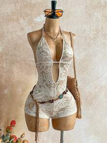 Soleia 女士花卉蕾丝深V领性感吊带连体衣