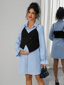 SHEIN Bộ 2 váy bầu: Áo không tay + Váy - Màu xanh lam - Xem 1