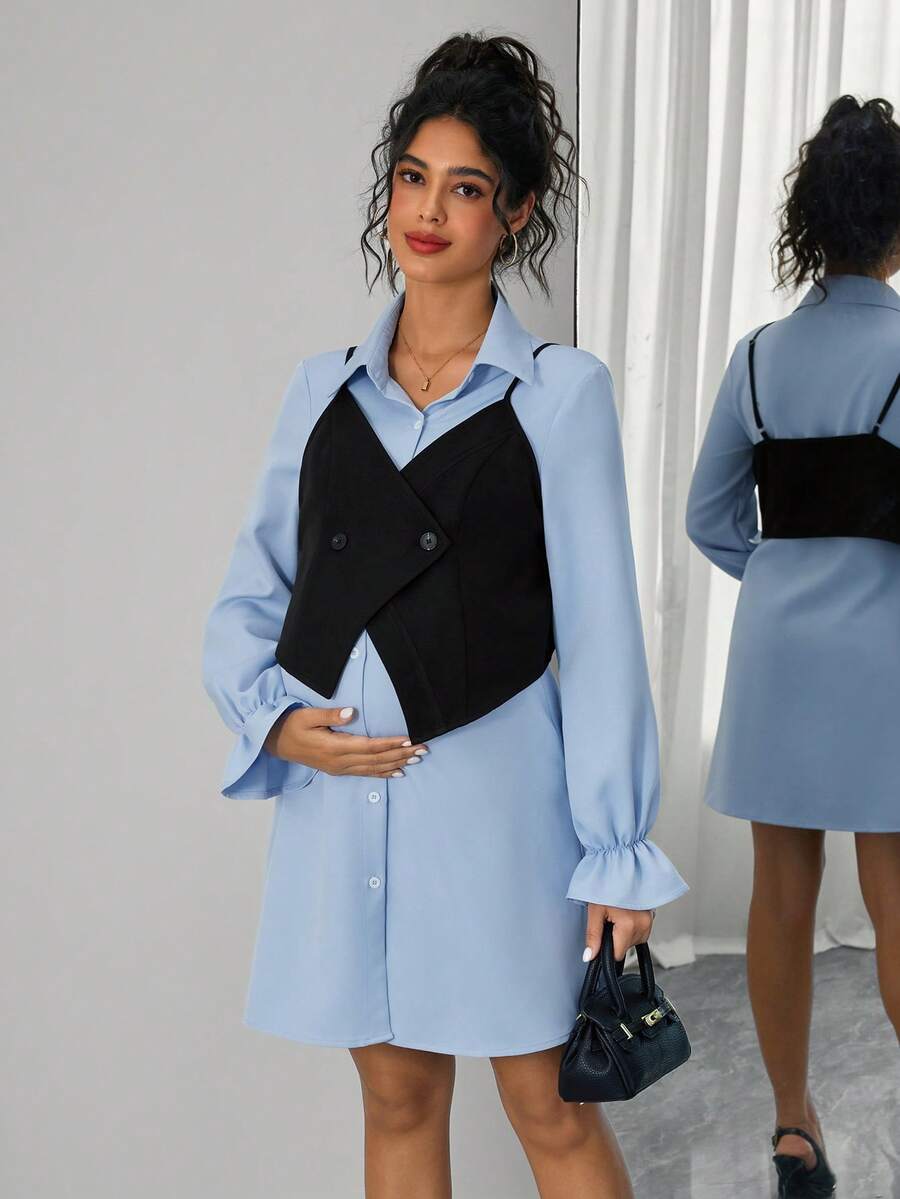 SHEIN Bộ 2 váy bầu: Áo không tay + Váy - Màu xanh lam - Xem 1