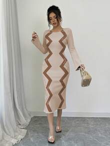 Elenzga 女士喇叭袖毛衣连衣裙 - 卡其色 - 查看 3