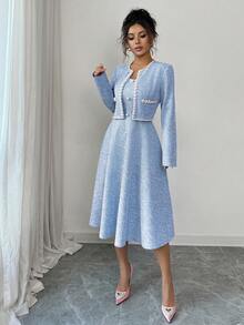 Elenzga Trang phục hẹn hò đầu thu dành cho nữ, Thích hợp cho ngày tựu trường, Trang phục giáo viên, Phong cách Trung Đông, Trang phục công sở thường ngày thanh lịch trưởng thành, Váy chữ A đính cườm phong cách Hàn Quốc lãng mạn ngọt ngào kiểu Pháp và áo khoác ngắn croptop 2 món, Váy dài vừa phải màu hồng - Xanh và trắng - Xem 5