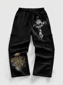 ROMWE MEN Goth 男士休闲骷髅印花抽绳腰裤，秋季款 - 黑色 - 查看 6