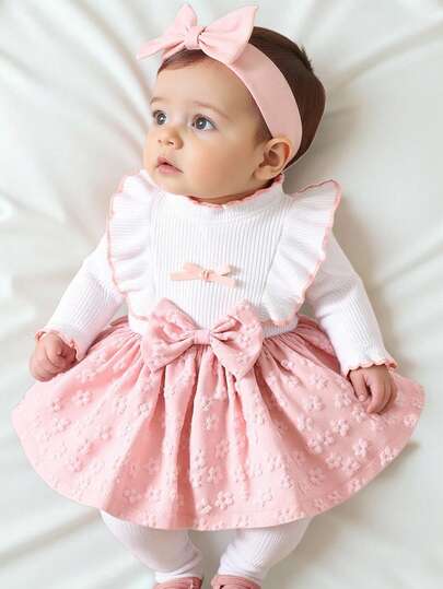 Newborn Baby Girl White Long Sleeved Lace Collar Patchwork Pink Bow Dress Autumn And Winter New Elegant Retro Cute Fabric Comfortable