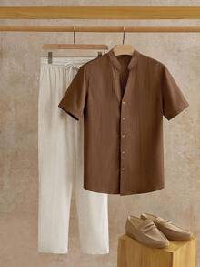 HIMLAND 男士休闲梭织染色提花波浪图案V领亚麻短袖衬衫套装（2件/套）