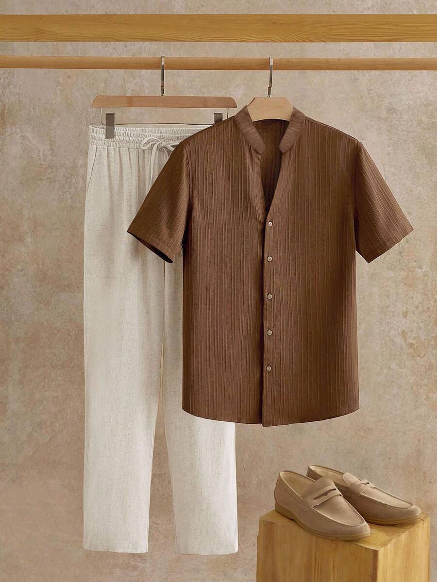 HIMLAND 男士休闲梭织染色提花波浪图案V领亚麻短袖衬衫套装（2件/套）