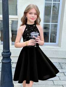 SHEIN Tween Girl Casual Everyday Elegant Beaded Knit Halter Waist A-Line Dress, Girls Black Dress, Suitable For Christmas, New Year, Birthday Party, Sibling Outfits Matching Outfits Girls Luxury Dress Black Party Dress - Black - View 1