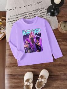 Young Girls Casual Cute Cartoon K-Pop Anime Girl Print Purple Round Neck Long Sleeve T-Shirt, Suitable For Autumn/Winter Tops
