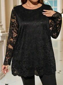 Miaspire 大码优雅纯色黑色蕾丝长袖T恤，秋冬季，外出穿着，2025新款，简约时尚，适合日常穿着，冬季舒适透气，圣诞节，新年 - 黑色 - 查看 2