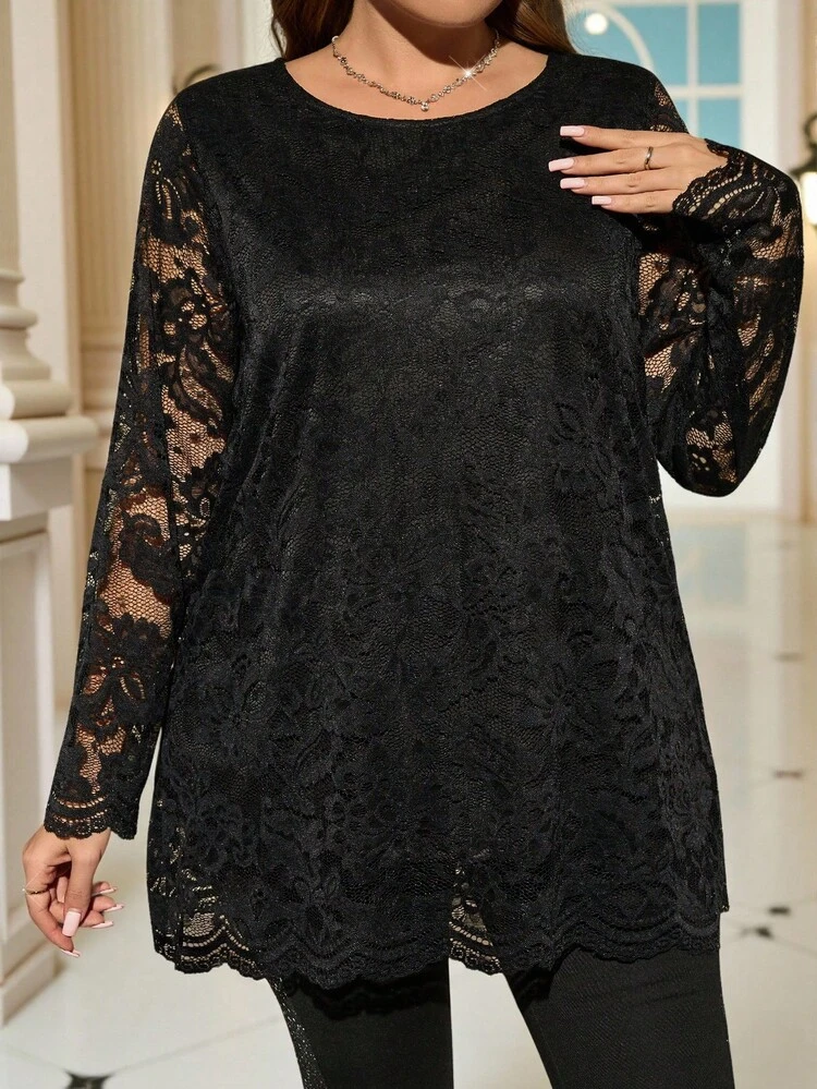 Plus Size Elegant Solid Color Black Lace Long Sleeve T-Shirt, ,Going Out, New,Simple And Fashionable For Everyday Wear, ,Comfortable And Breathable,,New Year,Spring/Summer/Vacation