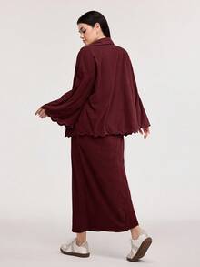 Veilorie Bộ 2 áo khoác tay dài đơn hàng khuy đơn màu trơn thường ngày cho nữ và váy suông rộng, bộ 2 món mùa thu - Màu Đỏ Sâu - Xem 3