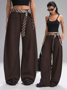 SHEIN EZwear Pantaloni marroni tinta unita alla moda, taglio morbido, pantaloni da tailleur per donna in autunno/inverno, taglie comode - Castano - Visualizzare 1