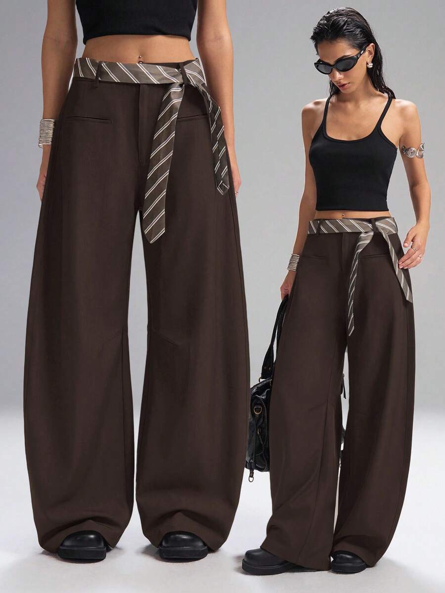 SHEIN EZwear Pantaloni marroni tinta unita alla moda, taglio morbido, pantaloni da tailleur per donna in autunno/inverno, taglie comode - Castano - Visualizzare 1