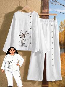 Rusticease Women's Plus Size Two Pieces Set White Textured Round Neck Single Breasted Decor Long Sleeve And Pants,Autumn Smart Casual Everyday Winter Clothes - White - View 1