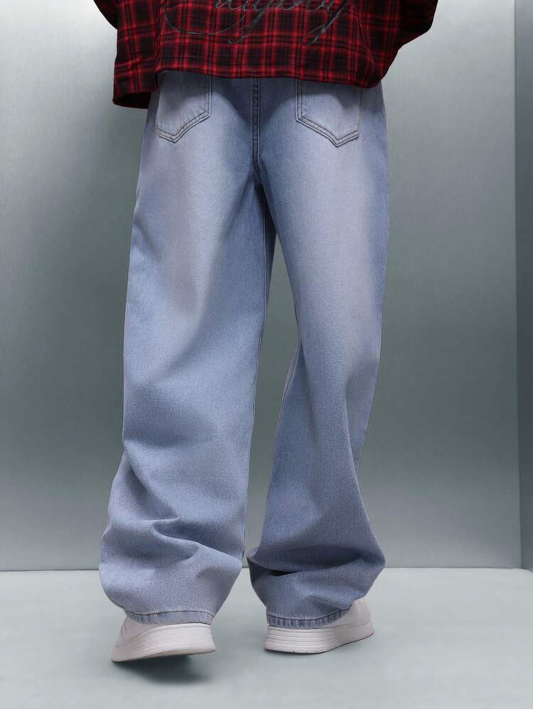 PLAYBOY X SUMWON Light Wash Wide Leg Jeans With Red Embroidery