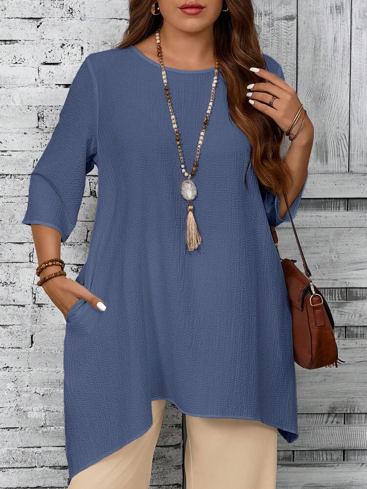 Plus Size Women Round Neck 3/4 Sleeve Asymmetric Hem Casual White Shirt, Spring & Summer Fall Women Clothes