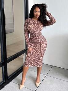 Alexandranx Vestido apretado con pliegues laterales con estampado de leopardo para otoño, vestido de manga larga, ropa interior de otoño, ropa de oficina, vestido sexy y elegante con estampado de leopardo para mujer - Multicolor - Ver 1