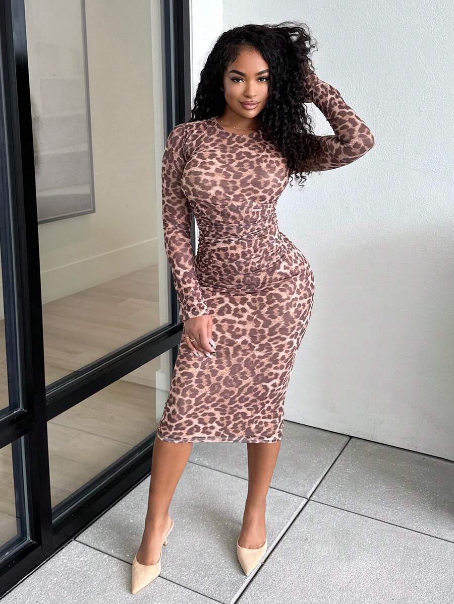 Alexandranx Vestido apretado con pliegues laterales con estampado de leopardo para otoño, vestido de manga larga, ropa interior de otoño, ropa de oficina, vestido sexy y elegante con estampado de leopardo para mujer - Multicolor - Ver 1