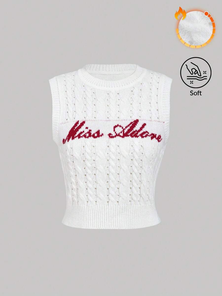 SHEIN MOD 女士无袖字母图案针织上衣、返校服装、羊毛上衣、冬季女装、可爱羊毛背心、新年毛衣 - 白色 - 查看 1