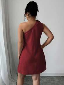 Elenzga Plus Size Women's Elegant Burgundy Summer Midi Dress,Linen Blend One Shoulder Asymmetric Sleeveless Loose Solid Dress For Party Wedding Vacation - Burgundy - View 2