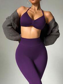 Dewbera Women's Solid Color Halter Top And Pants Sports Suit