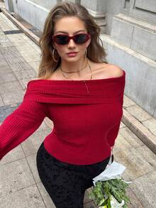 SHEIN EZwear 大码休闲通勤约会T恤，适合秋季/冬季、圣诞节、新年、感恩节、派对、婚礼、海滩、毕业典礼等场合，时尚优雅，休闲百搭，适合外出、约会、预约、通勤等各种场合，保暖舒适，情人节适用。 - 紅色 - 查看 5