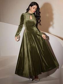 Modelyn 酒红色女士纯色钥匙孔领泡泡袖优雅连衣裙长款晚礼服 - 橄欖綠 - 查看 7