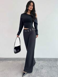 Firerie Quần nữ thanh lịch, thoải mái, thích hợp mặc đi làm, về nhà hàng ngày, dự lễ tốt nghiệp, lễ hội âm nhạc, tiệc tùng, dạo phố, chất liệu vải dệt kim màu đen, cạp trung bình, trang trí vòng kim loại, dáng ôm, ống rộng, màu đen, quần tây nữ mùa thu, tựu trường, sân bay, thời trang đường phố, mùa xuân. - màu đen - Xem 6