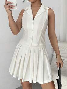 Chiquease Top fără mâneci și fustă plisată pentru femei, culoare uni, cu nasturi în față, 2 buc ținută casual de vacanță de vară - alb - Vizualizare 1