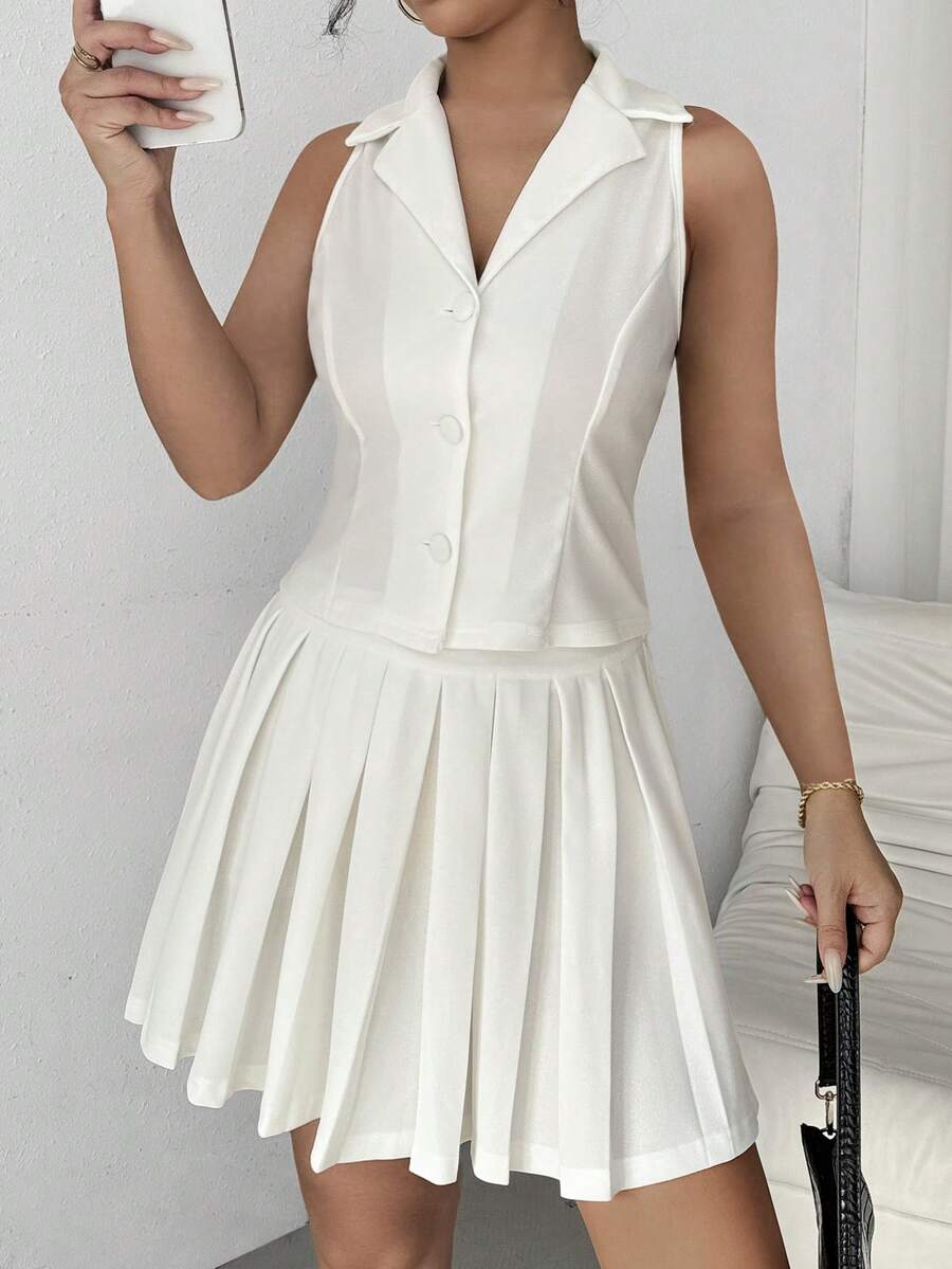 Chiquease Top fără mâneci și fustă plisată pentru femei, culoare uni, cu nasturi în față, 2 buc ținută casual de vacanță de vară - alb - Vizualizare 1