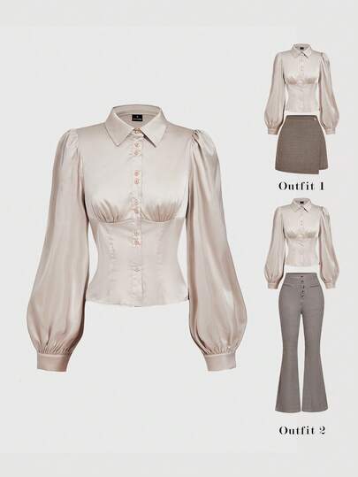 SHEIN MOD Women's Solid Color Regular Shoulder Lantern Sleeve Fitted Waist Front Button Shirt,Fall For Women,Goth,Country Concert,Grunge,Boho Women,Old Money Style Women,Western,Back To School,Casual , Going Out Top