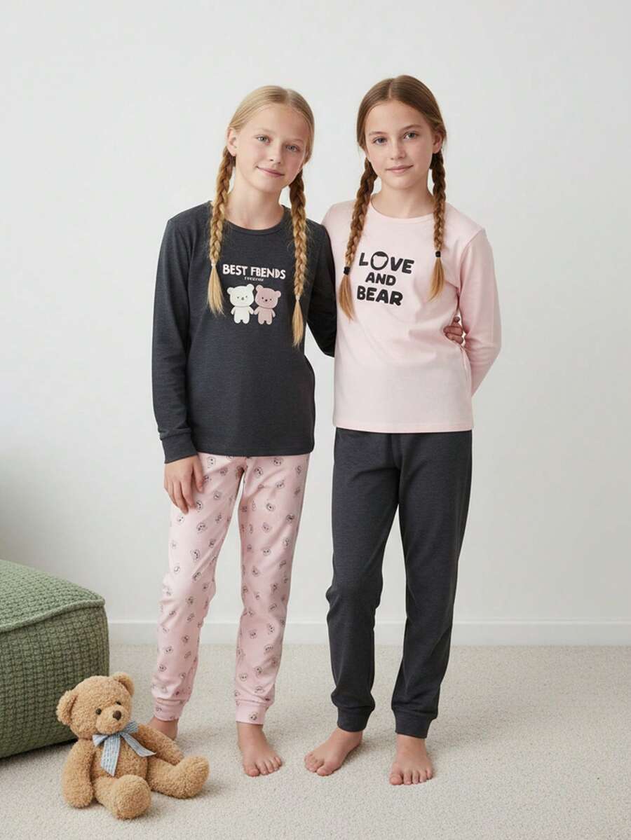 女童休闲长袖上衣和裤子睡衣套装，简约时尚 - 彩色 - 查看 1