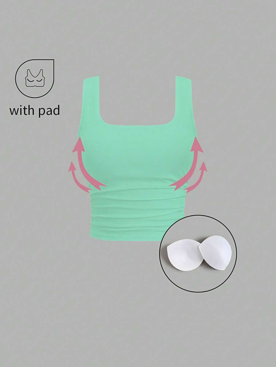 FavEase 女士休闲纯色方领加垫修身背心，夏季 - 薄荷綠 - 查看 1