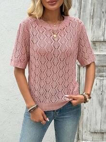 EMERY ROSE New Style Women Lace Collar Hollow Out Loose Fit Casual Blouse - Dusty Pink - View 3