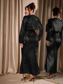 Cravure 大码女式银箔性感抹胸收腰美人鱼裙摆紧身连衣裙配小开衫外套两件套 - 黑色 - 查看 2