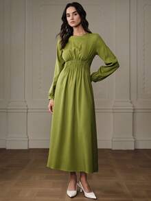 Aveloria Robe à col rond plissée avec cordon de serrage à la taille, manches longues, design mode et polyvalent - Vert - Voir 4