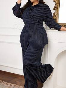 Modelyn 秋季大码休闲条纹长袖衬衫和裤子两件套 - 藏蓝色 - 查看 7