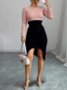 Vestido de punto de dos tonos con abertura en pierna, manga larga y ajuste favorecedor, ideal para oficina o evento casual. Midi - Camel - Ver 2