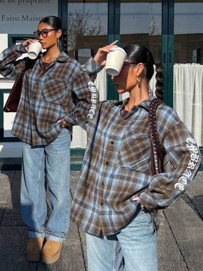 Muchica レディース カジュアル チェック柄シャツ、秋冬