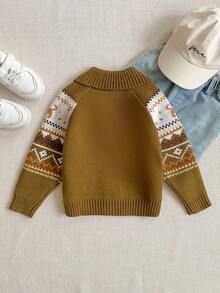 PrepCrw 1 件 Joliand 小男孩优雅都市休闲可爱费尔岛动物与几何图案橄榄绿色翻领开衫，适合休闲、通勤、派对、聚会、夏季和秋季 - 彩色 - 查看 2