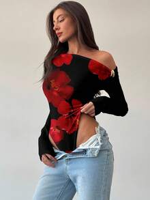 Aloruh Body sofisticado y moderno de color negro con decoración metálica de nudo retorcido, estampado floral rojo sexy en todo el Body, adecuado para citas, estiloso para combinar capas, body versátil - Negro - Ver 4