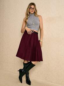 Poéselle 女士复古纯色百褶A字裙，休闲学院风 - 酒紅色 - 查看 8