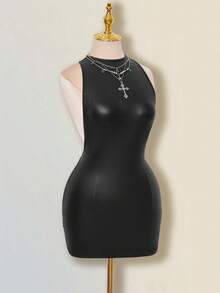 SHEIN ICON 纯色交叉露背性感休闲迷你连衣裙 - 黑色 - 查看 5