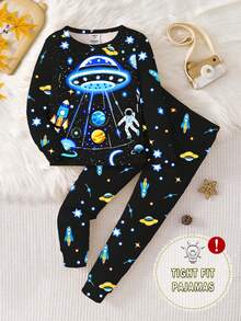 1 Set Boys Autumn Glow-In-The-Dark Astronaut Cartoon Print Snug Fit Crew Neck Long Sleeve Pajamas - Black - View 3