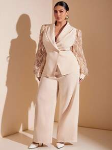 SHEIN BAE Plus  Size  2pcs Women's Business Office Wear Embroidered Details Double-Breasted Fitted Blazer & Pants Set Fall Cloth For Women,Plus Size Women Sequin Patchwork Fringe Mesh Long Sleeve Blazer And Wide Leg Pants Elegant Suit,Christmas Women's Clothing,New Year Clothes,Thanksgiving Outfit For Women,Elegant Women's Set,Luxury   Set,Sequin Top,Glitter Top,Winter /Fall  Clothes For Women - Black - View 6