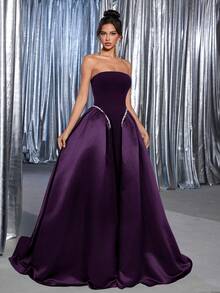 Vowa 优雅黑色针织拼接缎面胸衣，搭配白色奢华串珠缎带超大A字裙，后背系带可调节，适合约会、单身派对、婚礼、活动、度假、返校季、正式场合。 - 紫色 - 查看 7