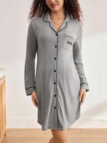 BloomMama Camisón de maternidad con ribete de contraste y botones delanteros, ropa de estar en casa cómoda, para otoño e invierno - Gris Claro - Ver 3