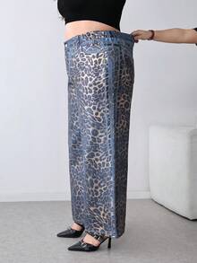 SHEIN PETITE CURVE 娇小码加大码情人节派对女士豹纹口袋休闲阔腿嘉年华夏季度假牛仔裤 - 中等水洗藍 - 查看 4