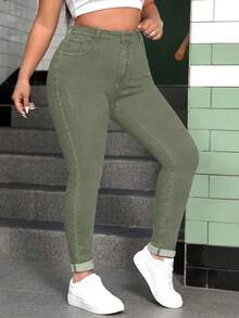 SHEIN CURVE+ Plus Size Stretchy Skinny Jeans - Army Green - View 4