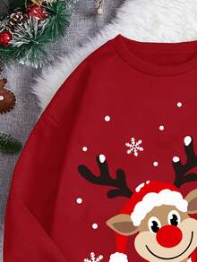 Sweatshirt Natal untuk Anak Laki-laki Remaja, Merah, Musim Gugur, Lucu, Set Seragam Keluarga dan Saudara, Motif Rusa Kartun, Potongan Longgar, Leher Bulat Tebal, Lengan Panjang, Atasan Hangat - Merah - View 6